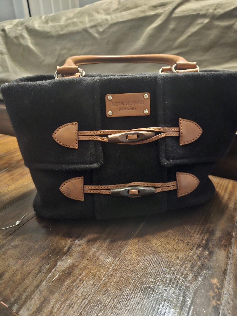 kate spade Whistler Quinn Black Wool Tote with Tan Leather Trim